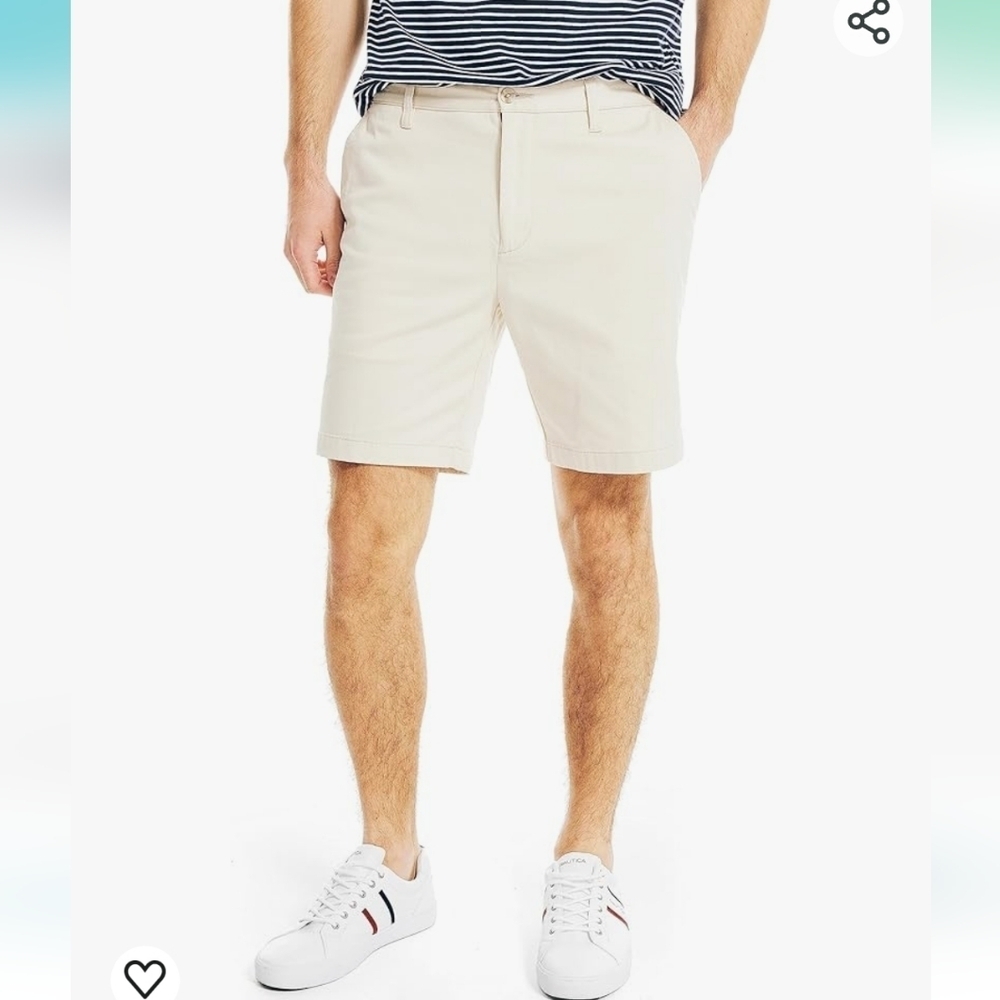 Nautica Classic Fit Flat Front Stretch Solid Chino 8.5" Deck Shorts in Stone 44W